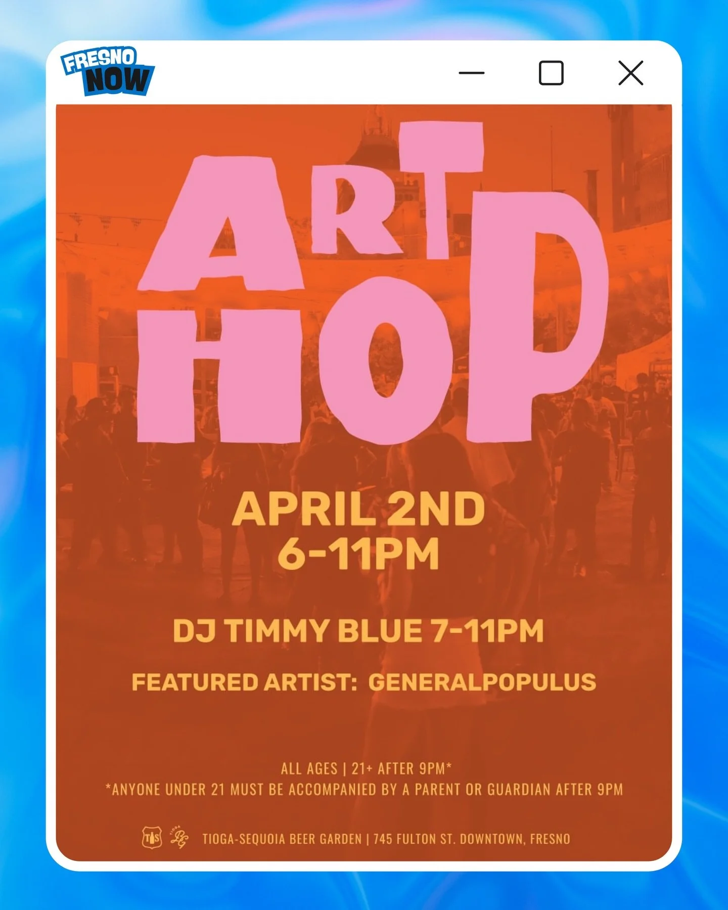 Yoo Fresno‼️Grab your friends and family and get ready for another incredible ArtHop in Downtown‼️🎨

The Beer Garden will be featuring amazing local art from @gene.ralpo.pulus and a live set from @timmyblu3 to keep the vibes going all night. Come th