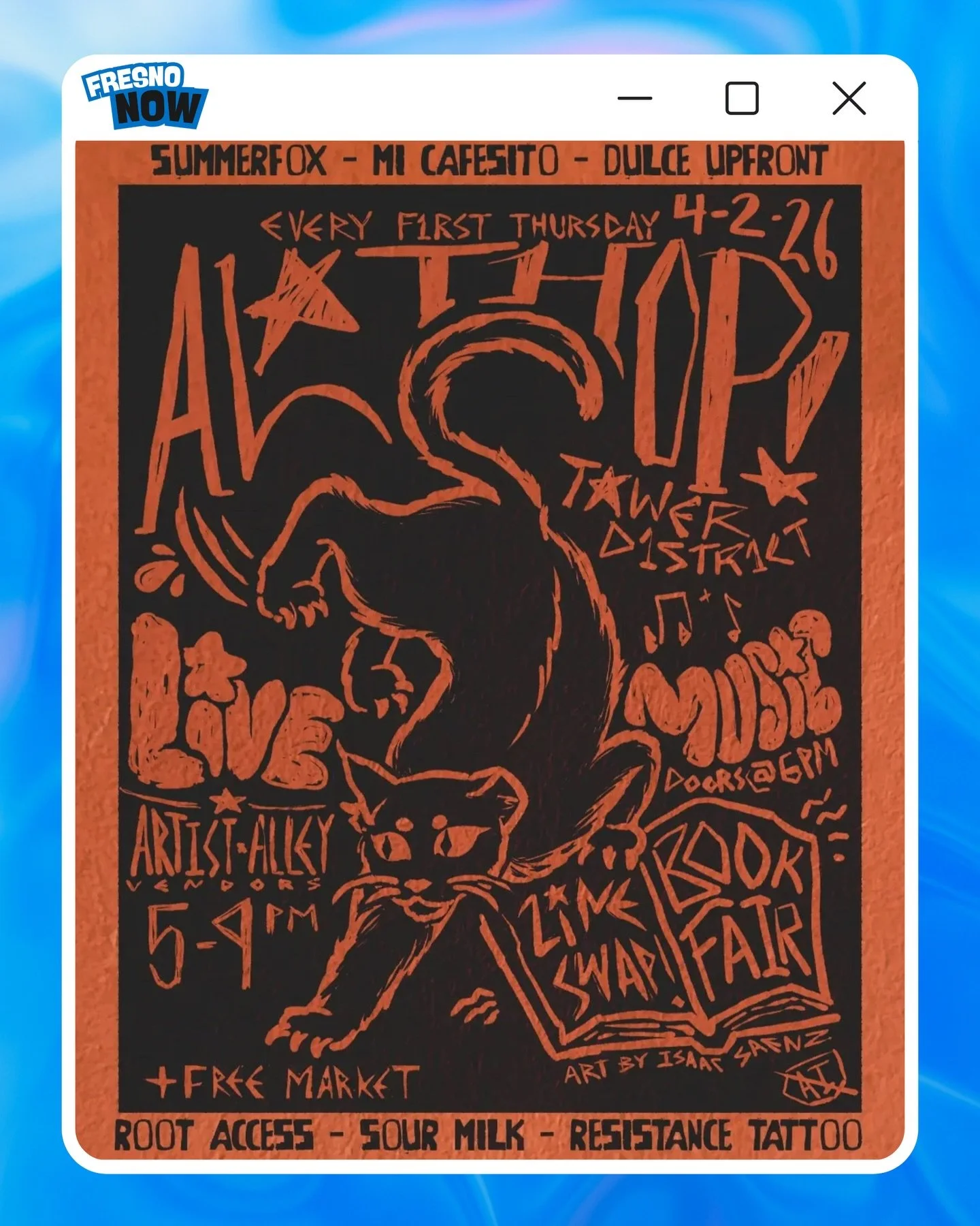 Yoo Fresno‼️ArtHop is back and taking over Summer Fox in the Tower District for an incredible night of community and creativity‼️ 🎨🐈&zwj;⬛

This month is going to be a movie on Van Ness! There&rsquo;s a massive Book Fair, Zine Swap, and Free Market