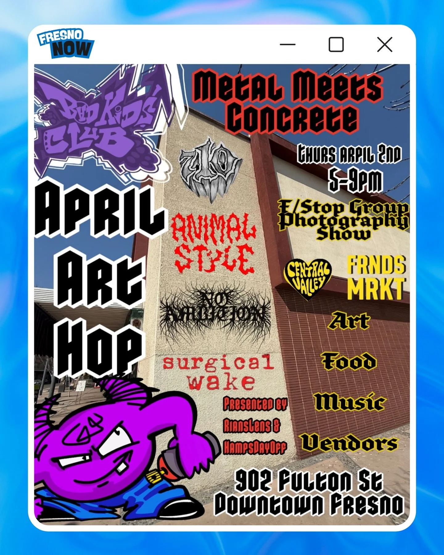 Yoo Fresno‼️Bad Kids Club is back and taking over April ArtHop with a heavy dose of Metal Meets Concrete‼️ 🤘😈

Presented alongside @rianslens and @hampsdayoff, we&rsquo;re bringing a massive energy to the block this month. Catch a sick metal show w