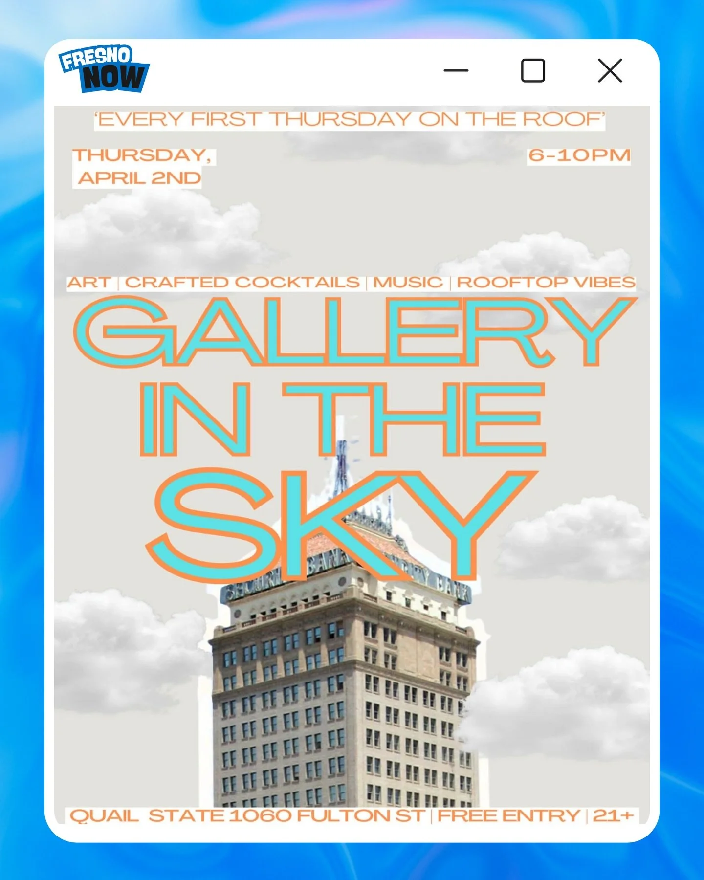 Yoo Fresno‼️Check out Gallery in the Sky returning to the rooftop this Thursday‼️☁️🎨

Spring nights in Downtown Fresno are hitting different. Head over to Quail State for an evening of curated art, crafted cocktails, and live music while the sunset 