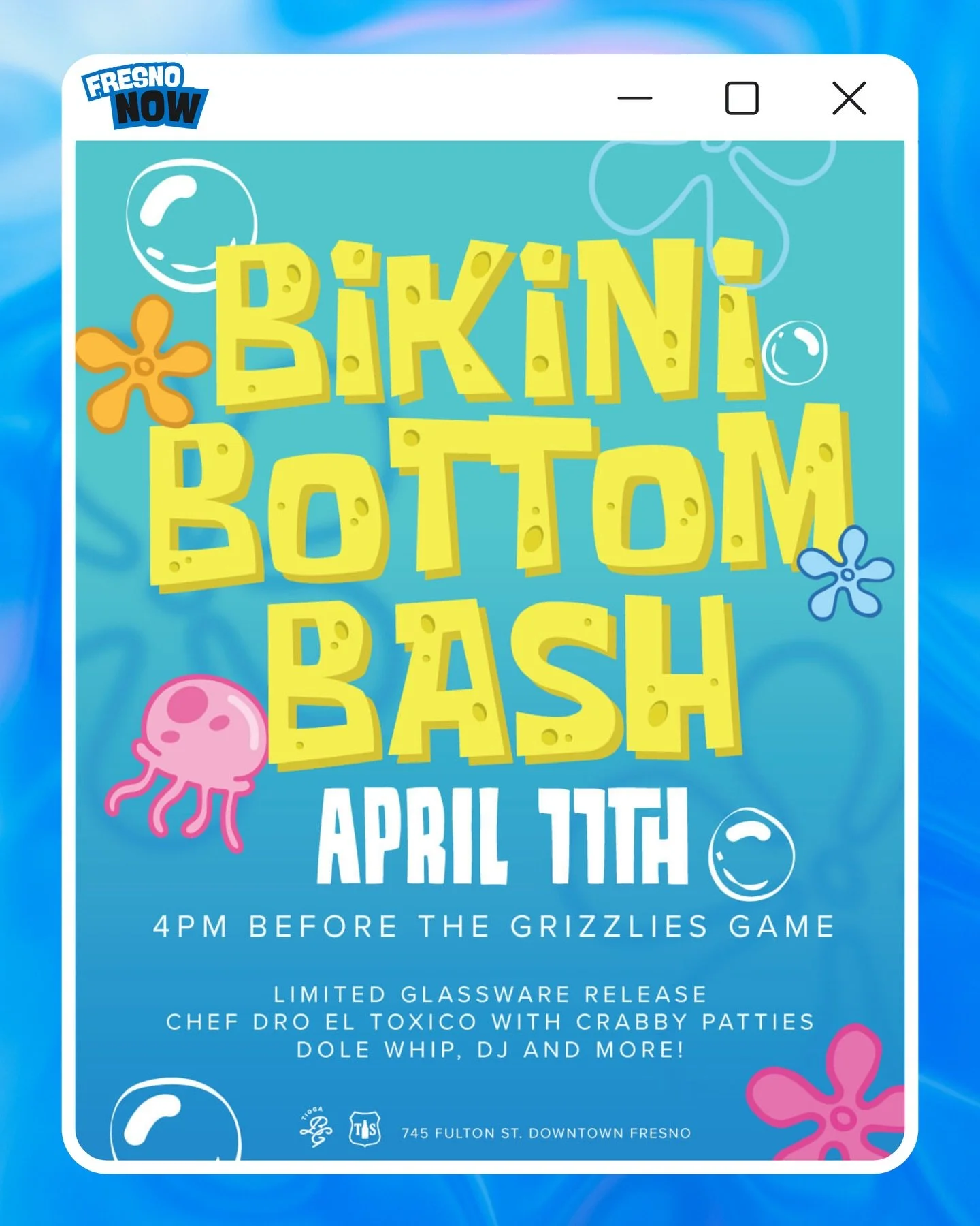 Yoo Fresno‼️Tioga Sequoia is bringing Bikini Bottom to Downtown on April 11th‼️🍍🌊

Head over to the Beer Garden at 4 PM for a huge pre-game party before the Grizzlies take the field. 🍻⚾️

The Details
📍 Location: 745 Fulton St, Downtown Fresno
🗓️