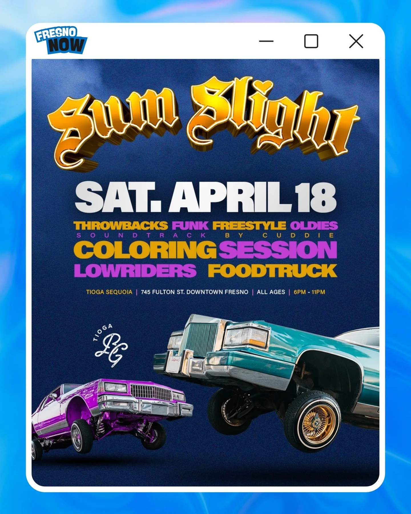 Yoo Fresno‼️Sum Slight is bringing the community together for an epic evening featuring a live lowrider showcase, a creative coloring session, and the best local food trucks. Vibe out to a soundtrack of throwbacks, funk, freestyle, and oldies curated