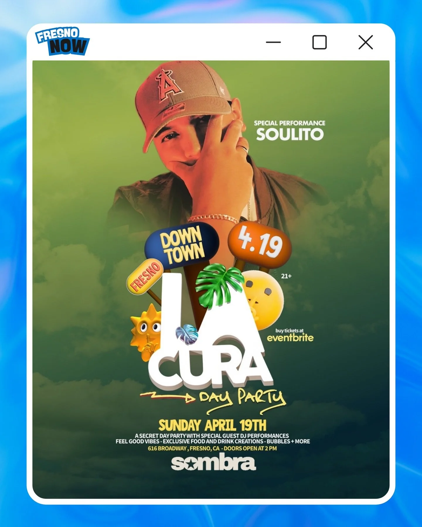 Yoo Fresno‼️ Looking for the ultimate Sunday vibe⁉️ 

La Cura Day Party is taking over @SombaFresno for an exclusive experience you don&rsquo;t want to miss! 🤫☀️

Special Performance By @iamsoulito‼️🎧🎤

The Details
📍 Location: Sombra | 616 Broadw