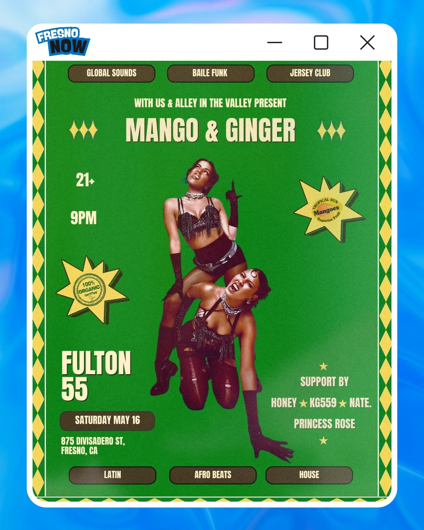 Yoo Fresno‼️ Get ready for global rhythms as Mango &amp; Ginger make their Fresno debut‼️

With Us &amp; Alley in the Valley are bringing the heat to Fulton 55. Experience a curated mix of Baile Funk, Jersey Club, Afro Beats, and House that will keep