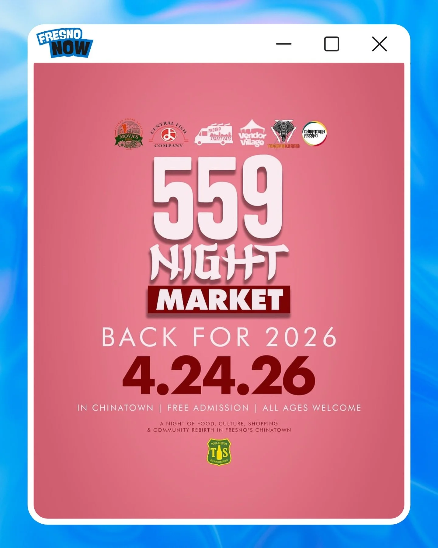 Yoo Fresno‼️559 Night Market is Back In Fresno&rsquo;s China Town Friday April 24th‼️🍔🌮🍕

The Details
📍 Location: Chinatown Fresno
🗓️ Date: Friday, April 24, 2026
⏰ Time: Evening
🔞 Age: All Ages Welcome
🎟️ Tickets: FREE Admission

#Fresno #Chi