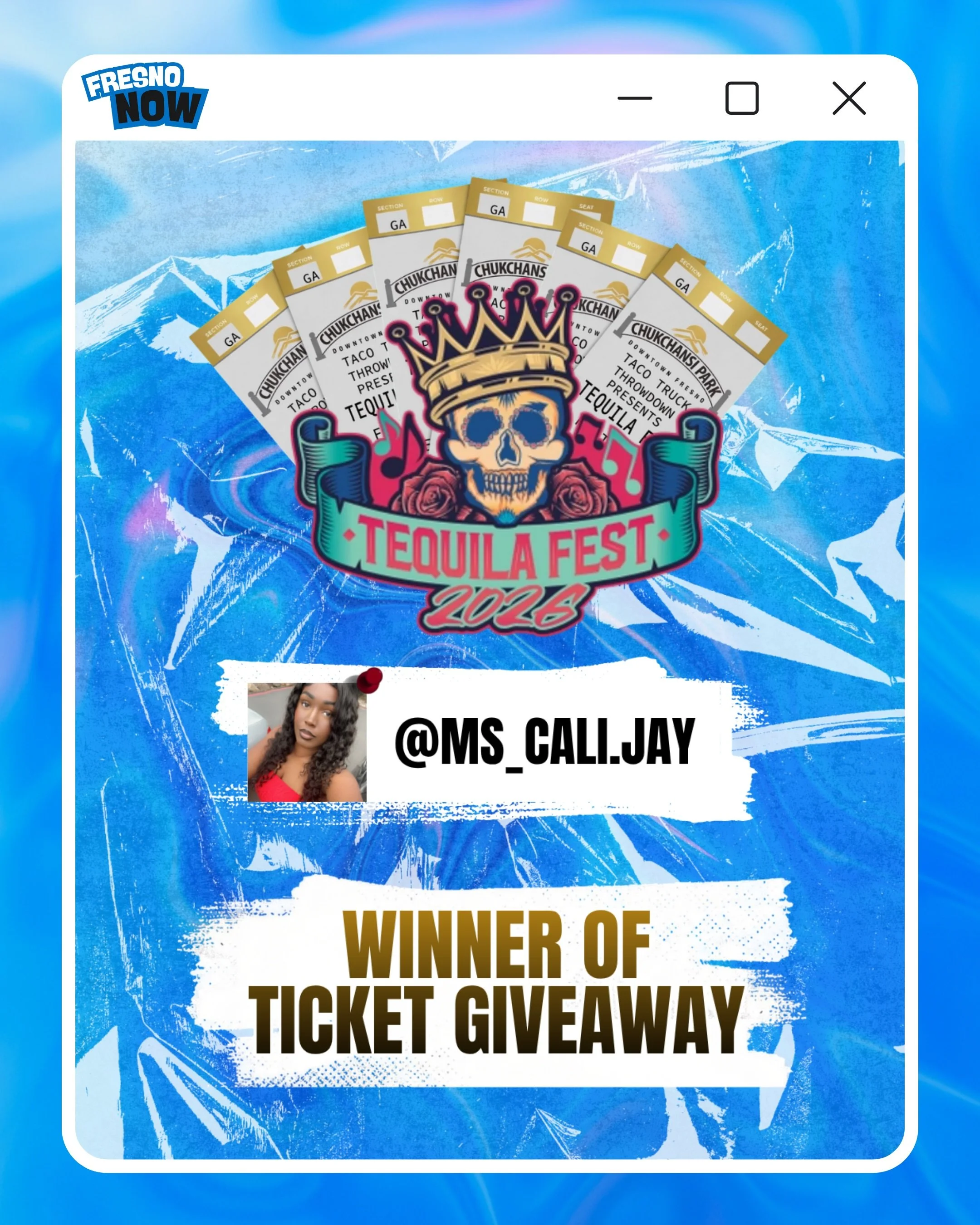 Yoo Fresno‼️The Tequila Fest 2026 Ticket Giveaway Winner Is @Ms_Cali.Jay ‼️🔥🎟️

The Details
📍 Location: Chukchansi Park | 1800 Tulare St
🗓️ Date: Saturday, May 2, 2026
⏰ Time: 4:30 PM
🔞 Age: 21+
🎟️ Tickets: Ticket Link Available On Our Website?