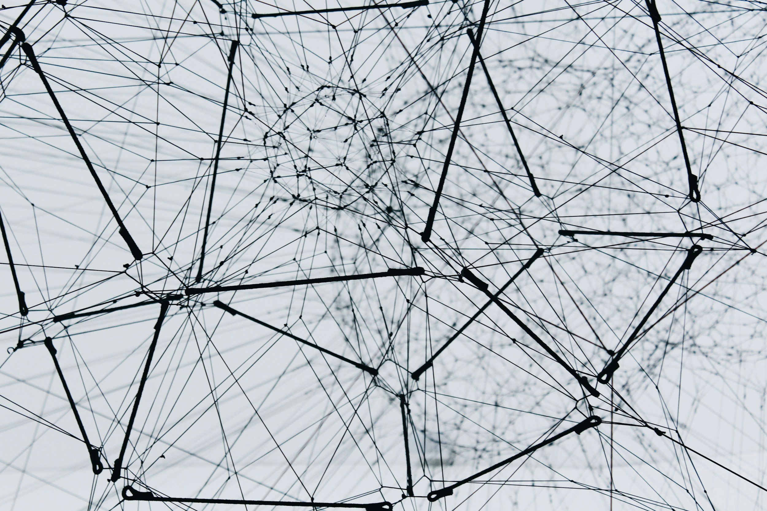Abstract view of a complex web of black wires and connectors on a gray sky background