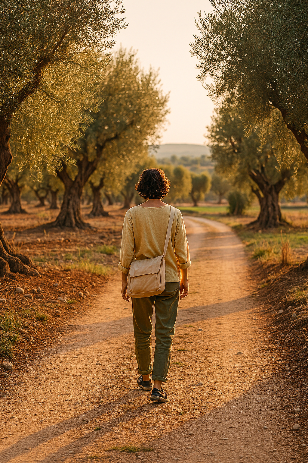 Traveler walking a calm countryside lane near Grottaglie, framed by ancient olive trees in warm golden light, symbolizing sensory‑friendly slow travel in Puglia.