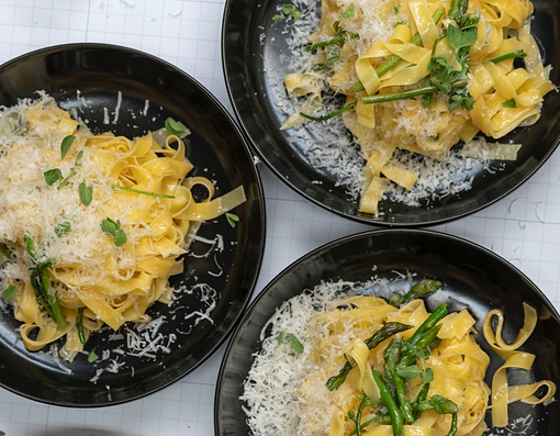 Handmade pasta with wild asparagus, aged cheese, truffle oil