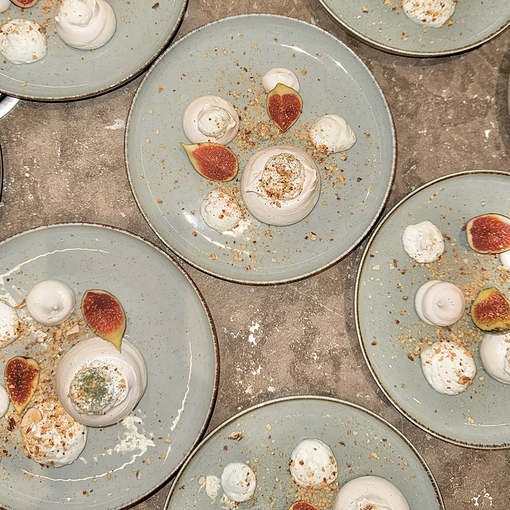 Merengue, figs, whipped cream, fig leaf dust, almond crumble