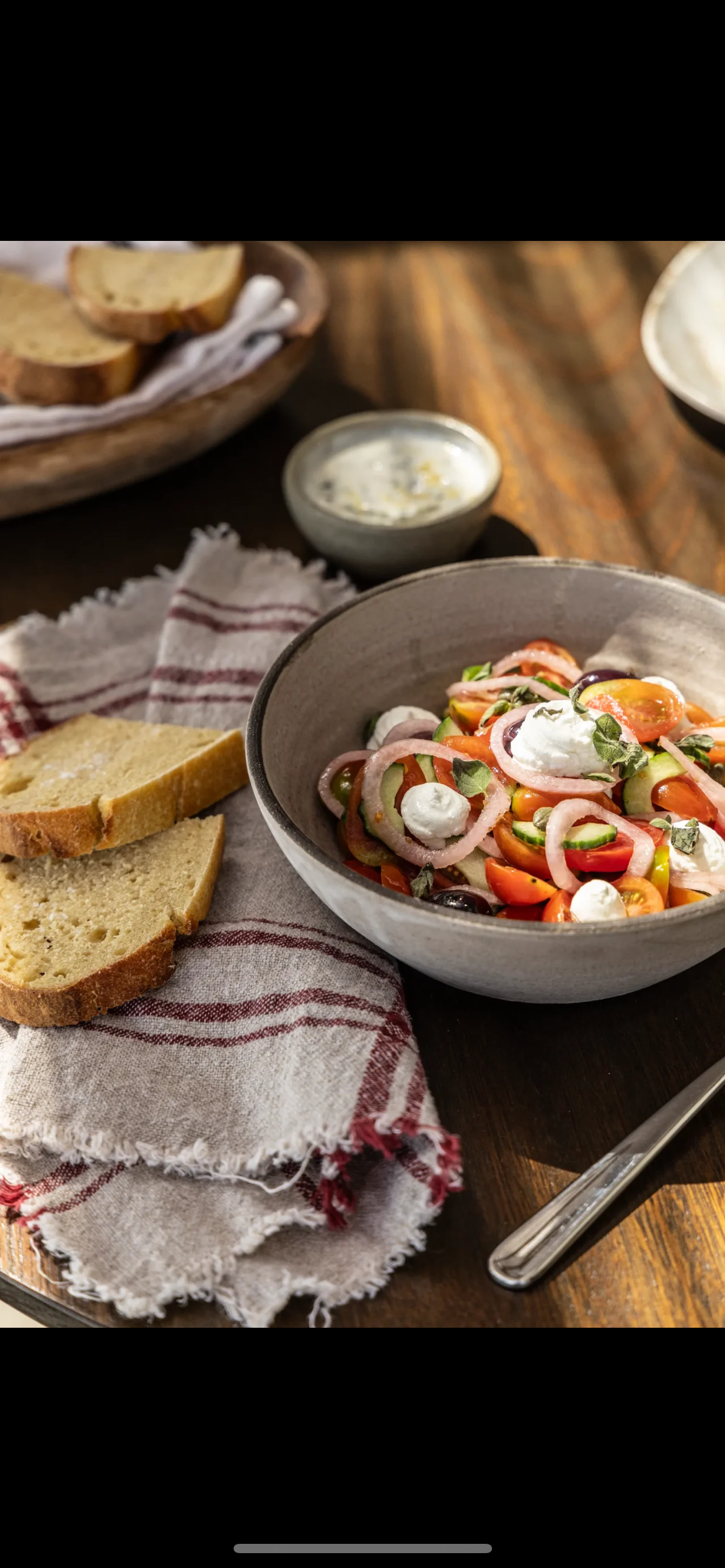 Greek salad, cherry tomatoes, pickled onion, feta mousse