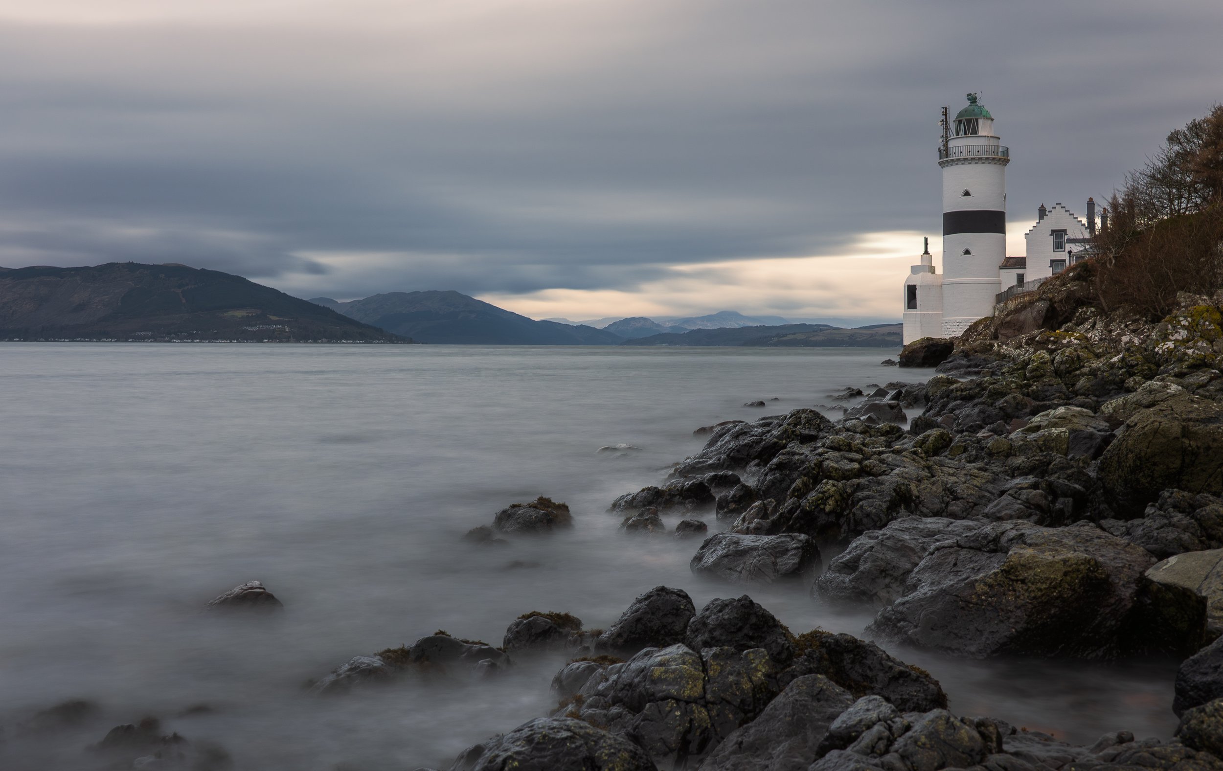 Cloch Lighthouse on a dark and dreary winter's day.