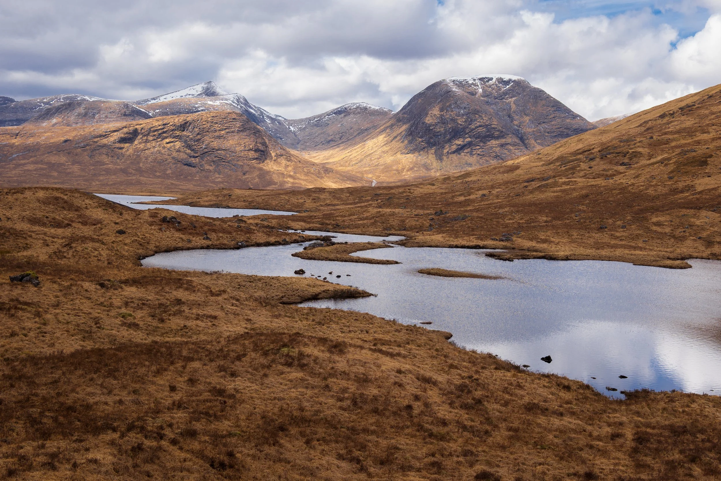 Loch Dochard, with snow-capped mountains in the background.