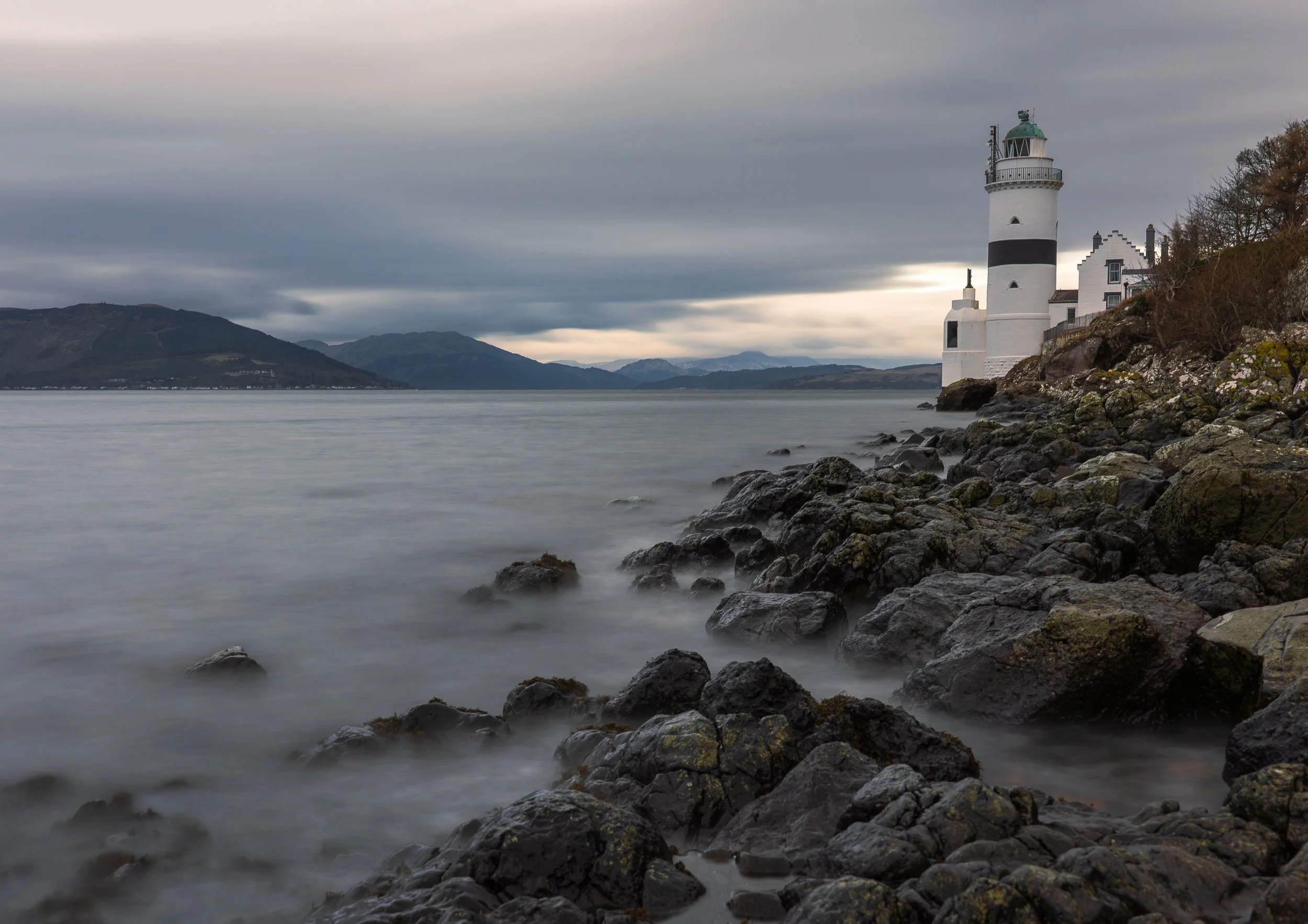 Cloch Lighthouse on a dark and dreary winter's day.