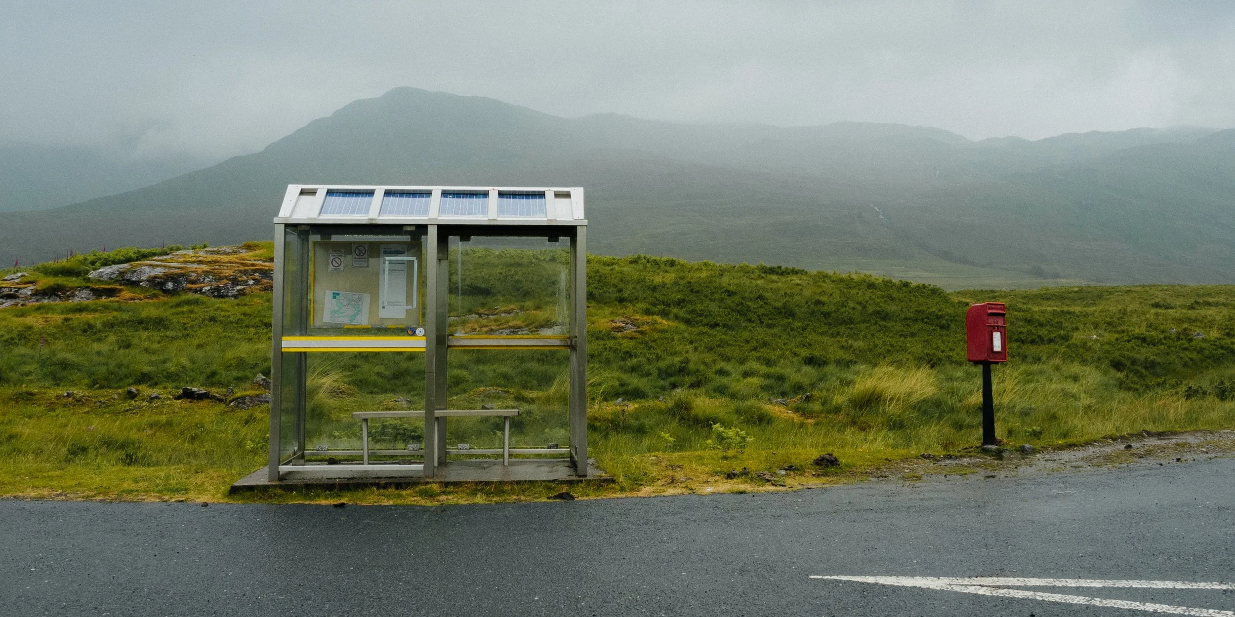 A bus stop and a postbox on the Isle of Mull, Scotland.