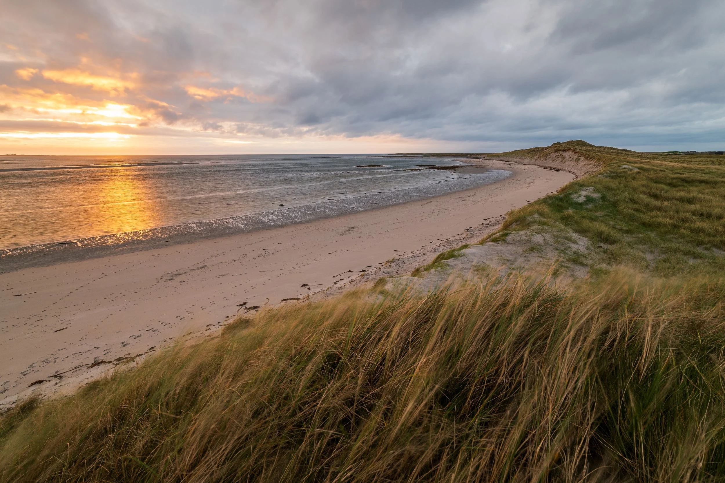 A scenic view of a beach during sunset with calm ocean waves, sandy shoreline, and grass-covered dunes under a partly cloudy sky.