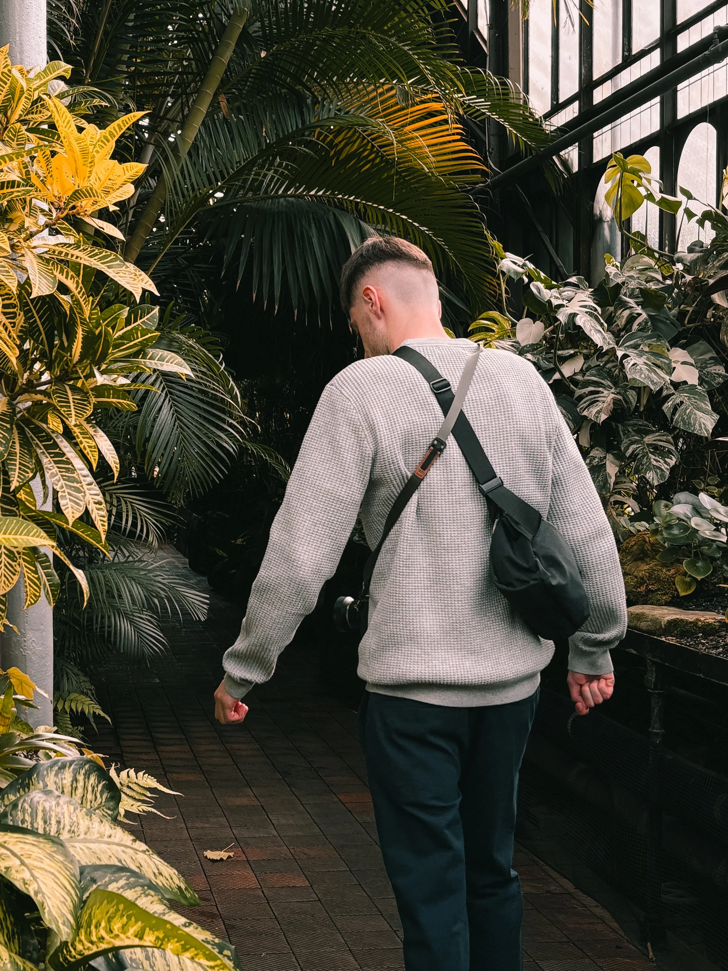 Ryan Curran walking through Glasgow Botanic Garden.