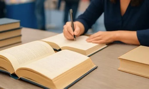 Die Autorin signiert Bücher auf einer Buchmesse