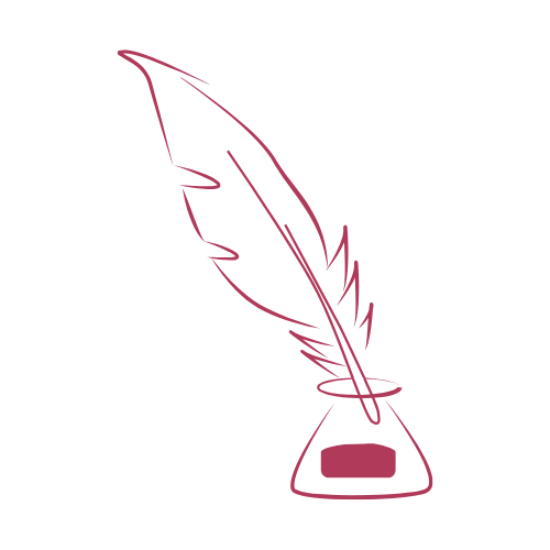 Grafik einer roten Schreibfeder in einem Tintenfass