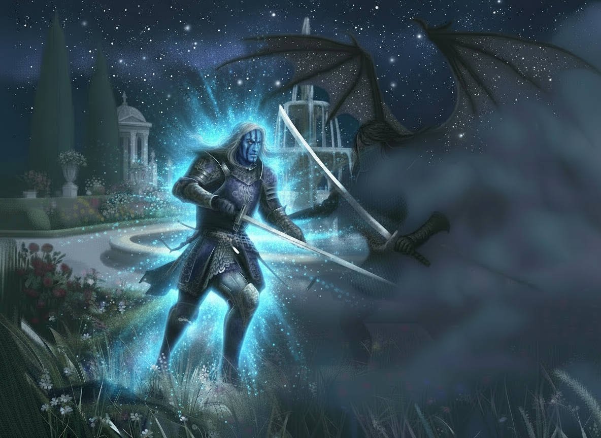 Düstere Szene aus einem Roman mit einem Schwertkämpfer