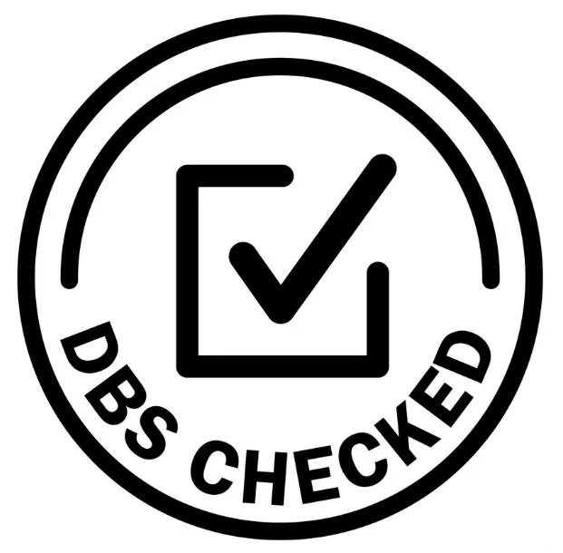 A circular badge with a checkmark inside a square and the text 'DBS CHECKED' around the bottom edge.