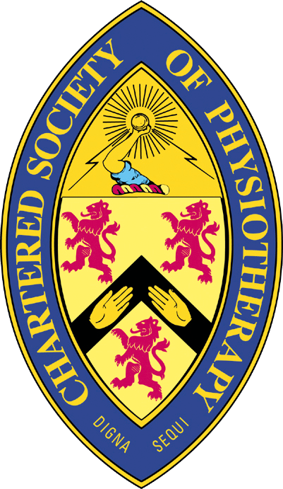 Official emblem of the Chartered Society of Physiotherapy featuring a lozenge shaped shield with lions, hands, a helix with rays, and the text 'Chartered Society of Physiotherapy'.