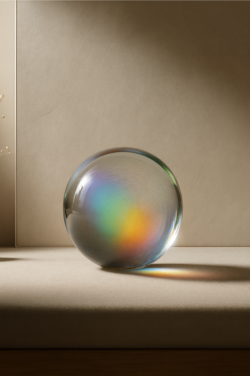 A glass marble resting on a beige cushioned surface, casting a colorful rainbow reflection onto the surface.