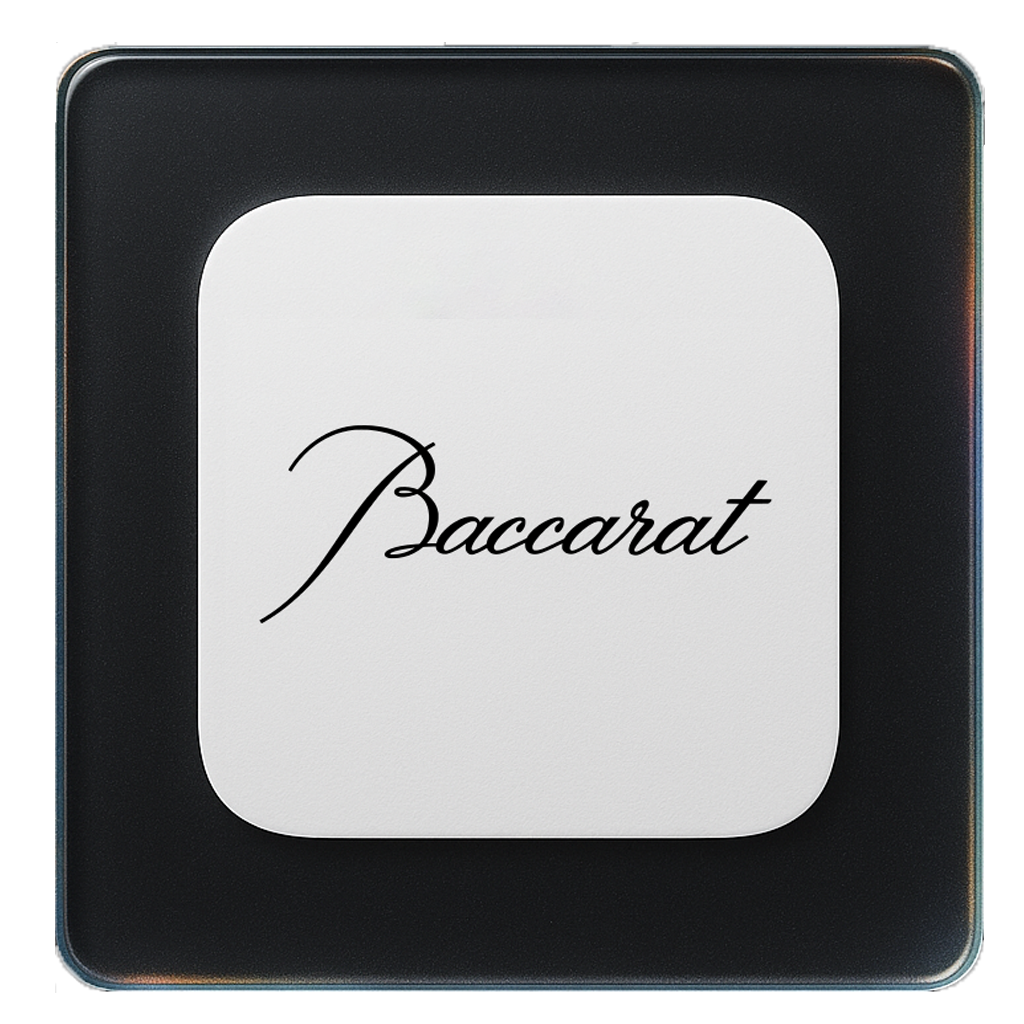 A close-up of a digital device display with the word 'Baccarat' written in elegant black cursive on a white background.