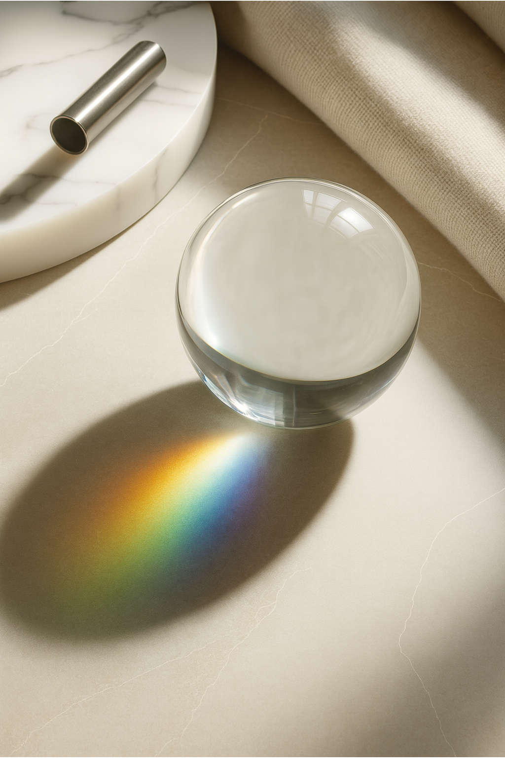 A transparent glass filled with water casting a rainbow-colored shadow on a light-colored surface, with a white marble tray, a metallic object, and a beige fabric in the background.