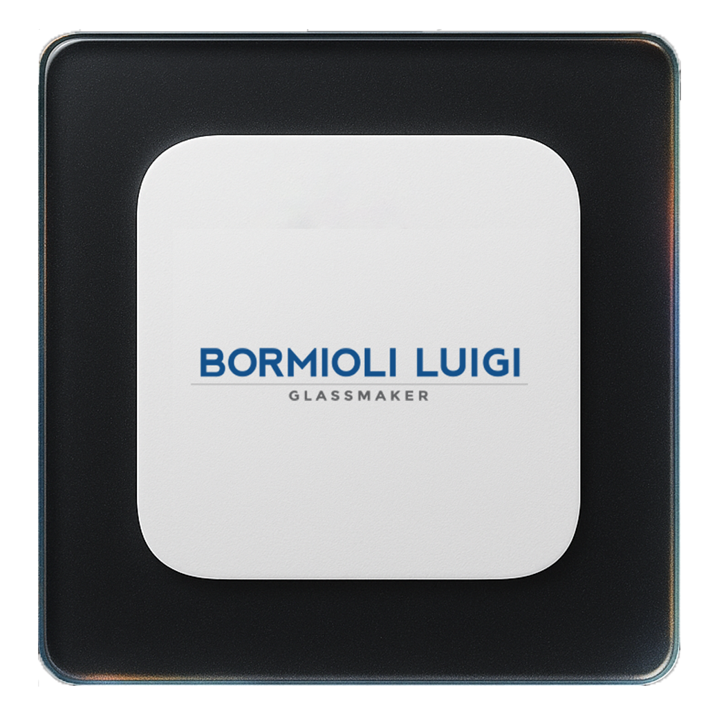 Close-up of a square package with a white label that reads "BORMIOLI LUIGI GLASSMAKER" in blue and gray text