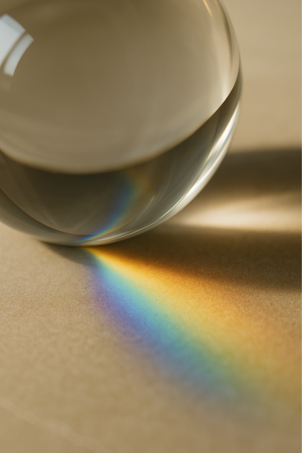 Close-up of a glass sphere casting a small rainbow on a beige surface.
