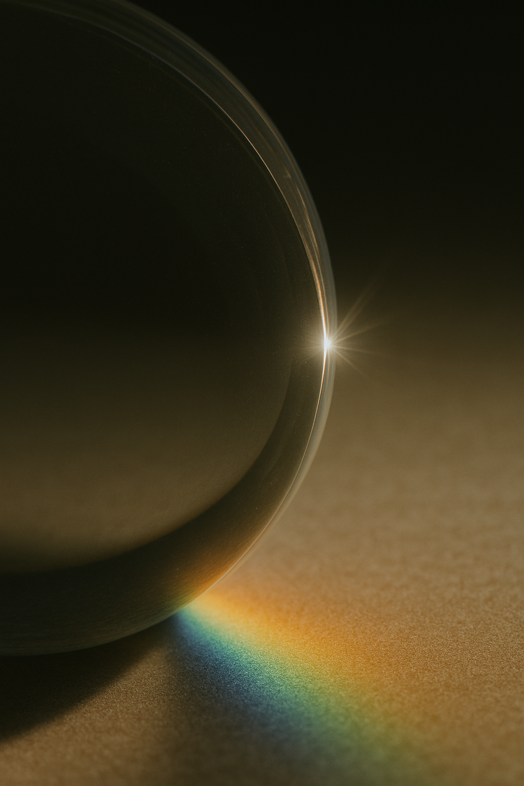 Close-up of a metallic sphere with sunlight reflecting off its edge, casting a small rainbow on the surface below.
