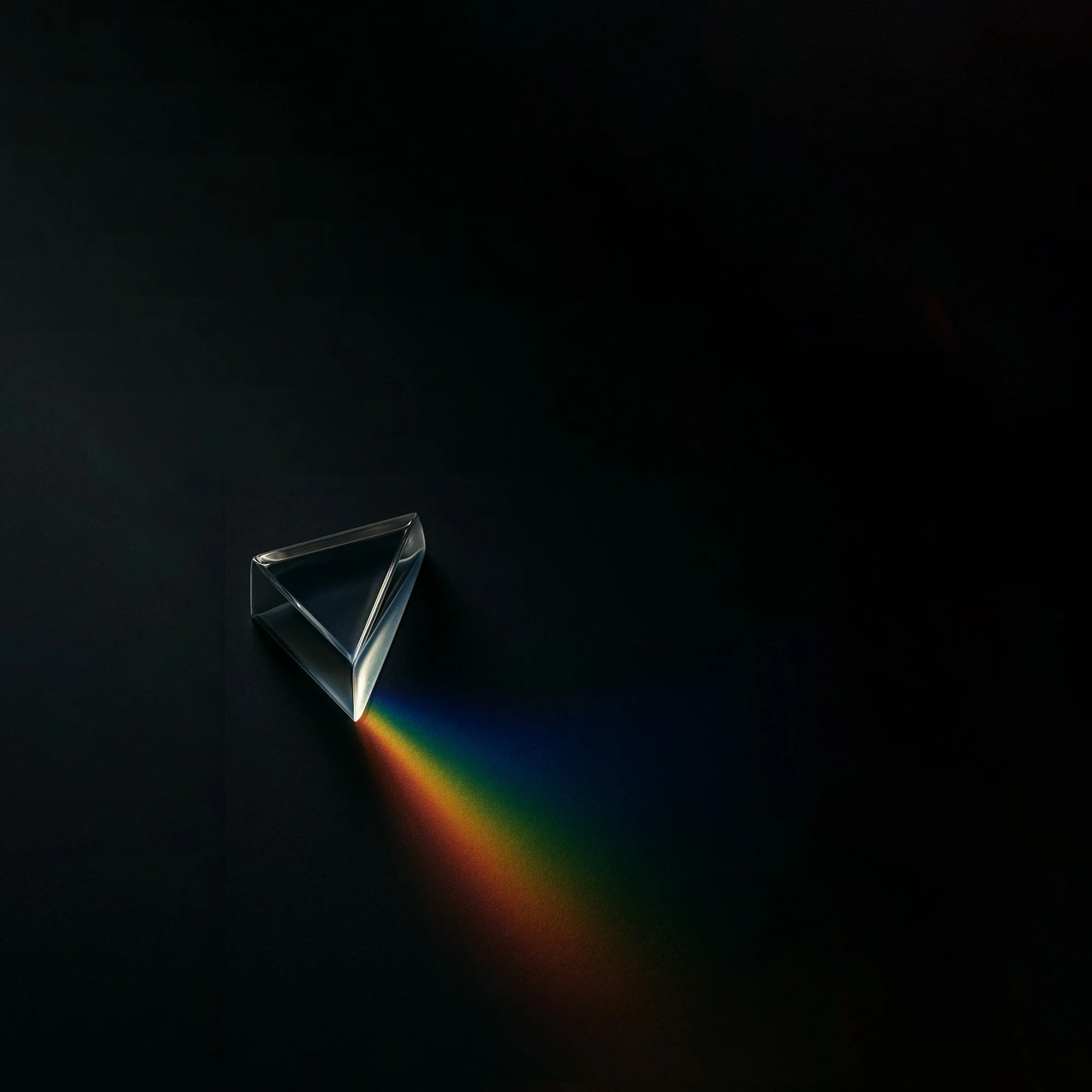 A transparent triangular prism on a black surface, dispersing a rainbow light beam.