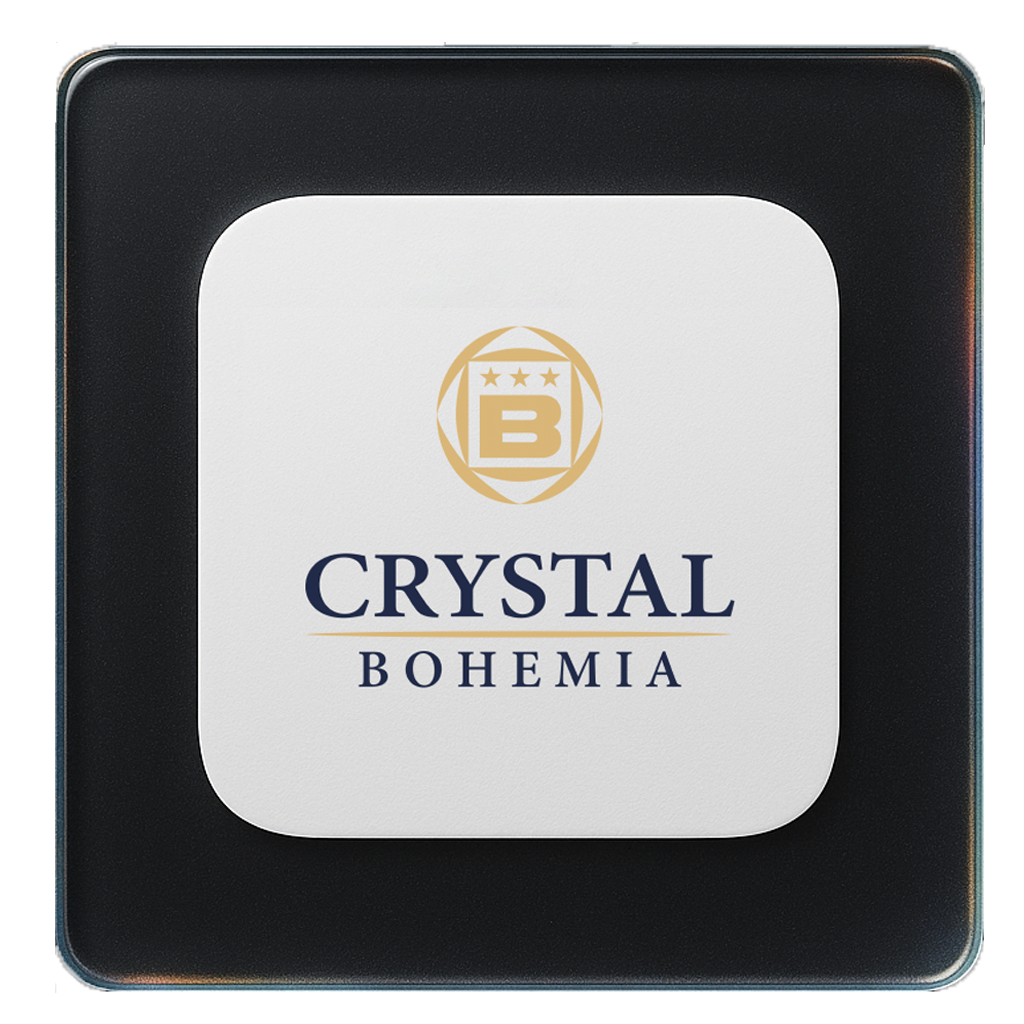 A logo with a gold emblem featuring a letter B inside a shield, surrounded by five stars. Below, the text "CRYSTAL" in bold, dark blue font, with a gold line underneath, and the word "BOHEMIA" in smaller, dark blue letters.
