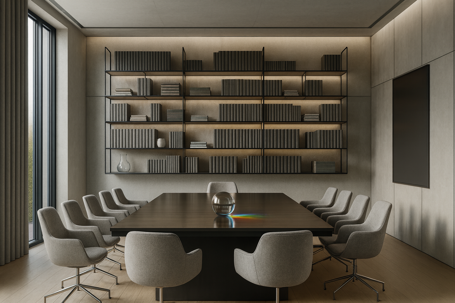 Modern conference room with a large wooden table, gray chairs, a glass sphere on the table, a built-in bookshelf with books and vases, and a large flat-screen TV on the wall.