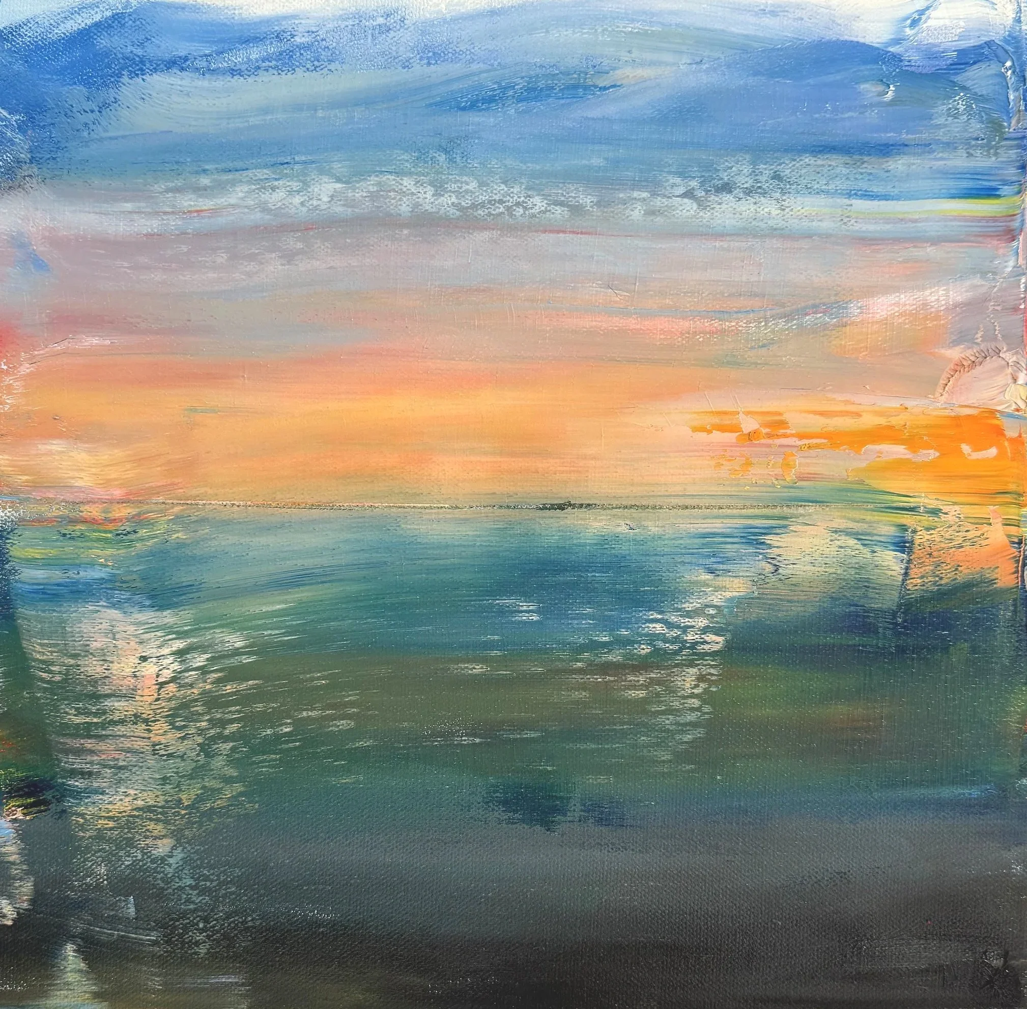 Abstract painting with horizontal brush strokes in shades of blue, pink, peach, yellow, and green.