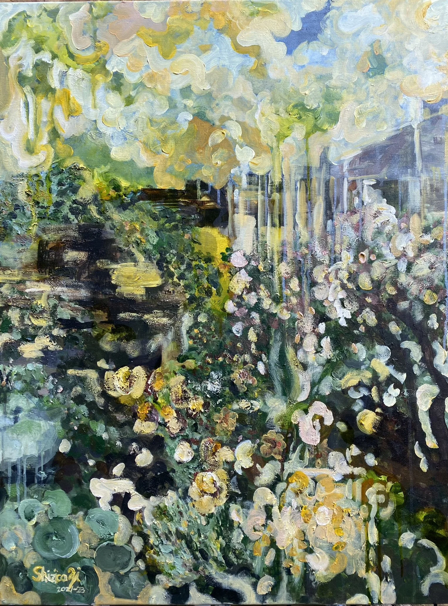 Having a Cigarette Among Yellow and Green-Large Oil-Framed