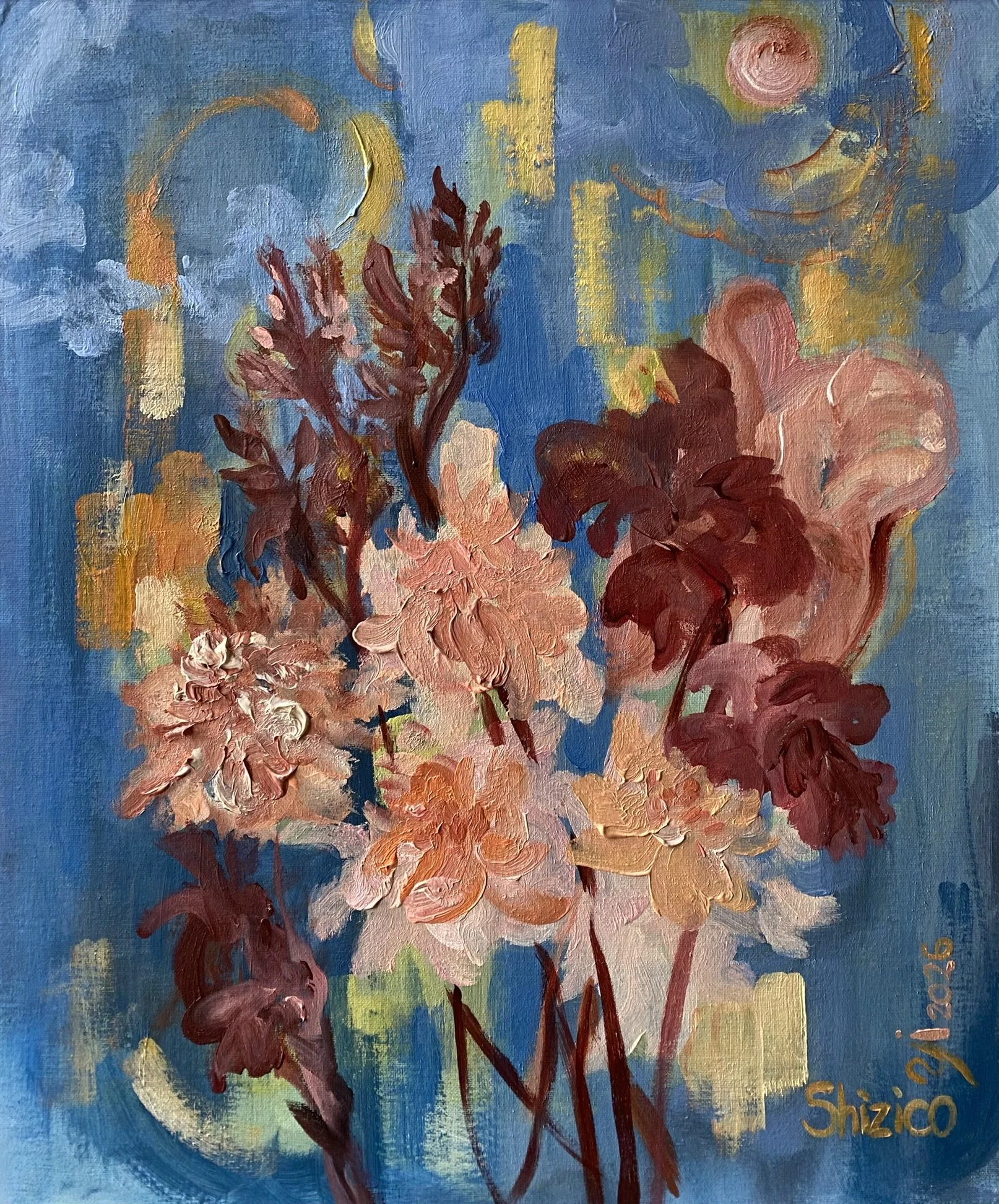 Moon Lit Dahlias-Blue and Red-oil on canvas Board