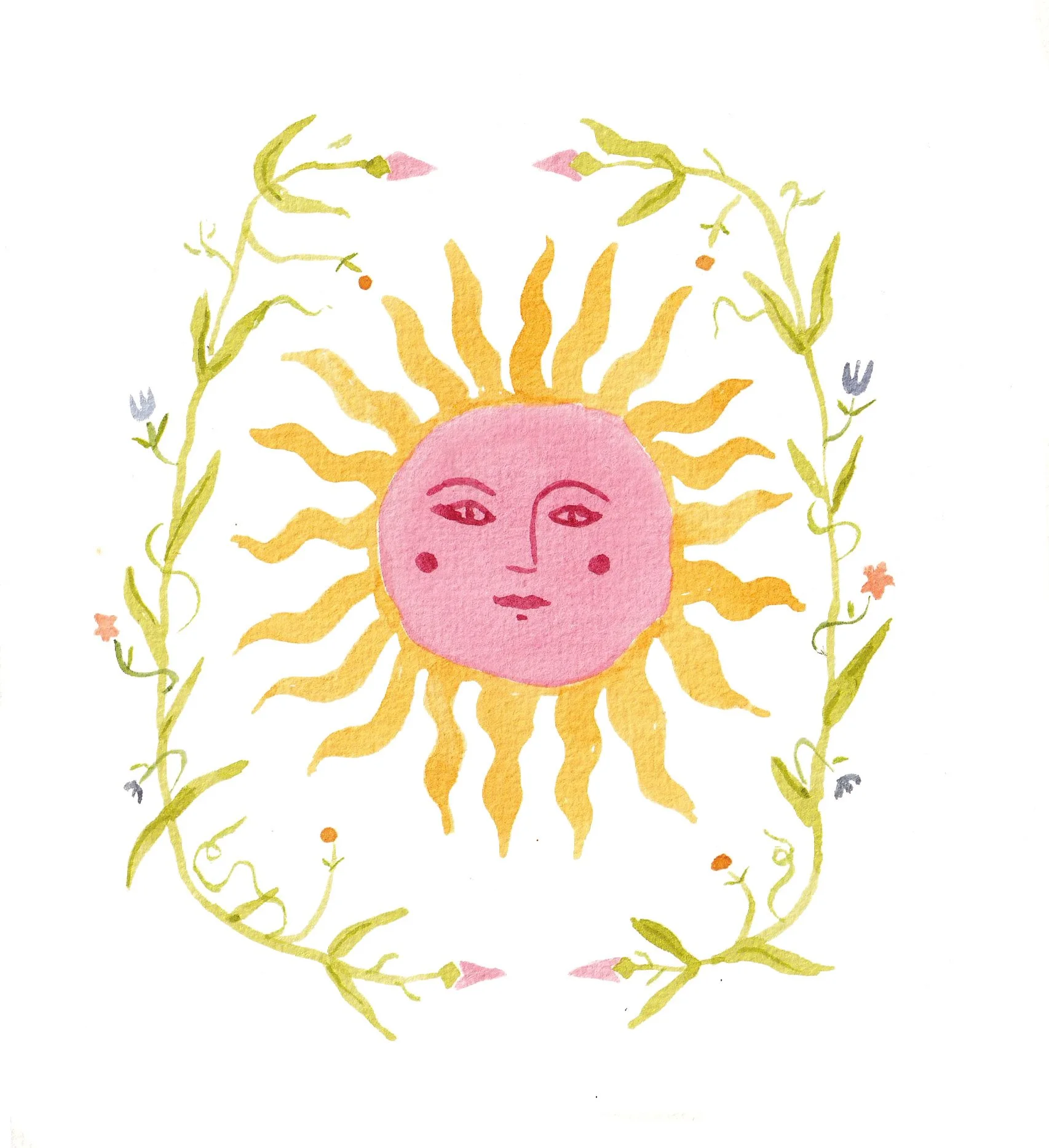 Une illustration aquarelle d'un soleil avec un visage féminin entouré de fleurs et de végétation