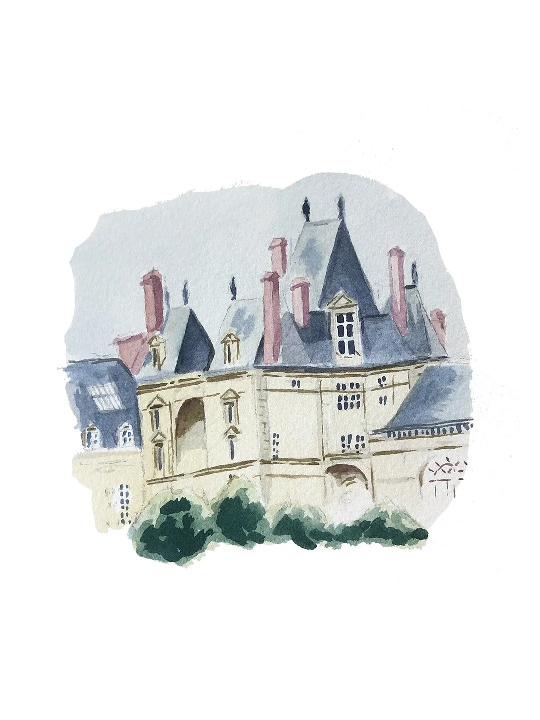 Une peinture aquarelle d'un château européen avec des toits en ardoise et des cheminées rouges, entouré de végétation.