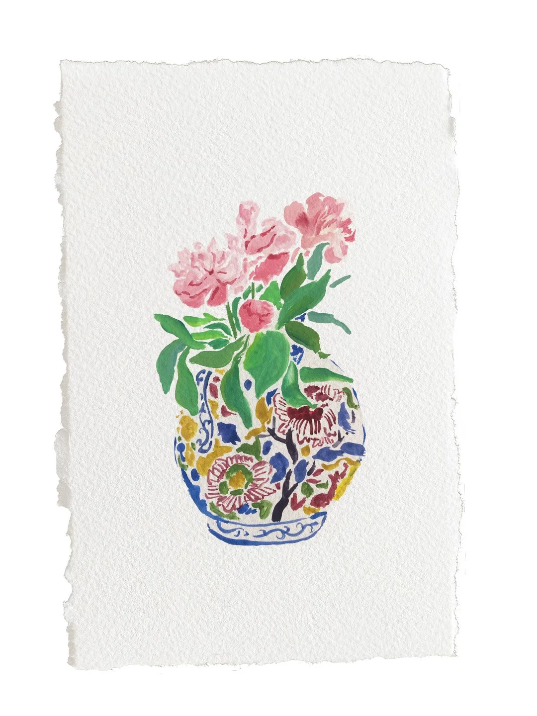 Une aquarelle représentant un vase en porcelaine décoré, rempli de fleurs roses et vertes.