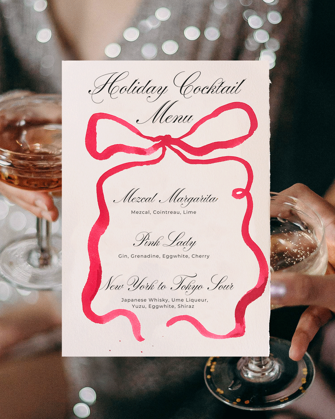 Holiday Cocktail Menu with handpainted red bow on festive background
