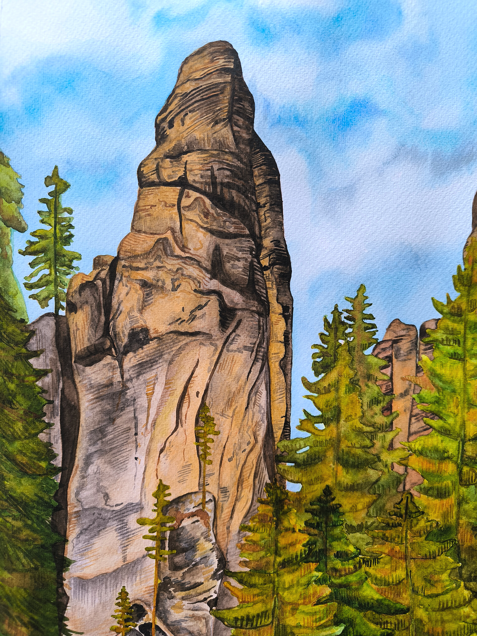 Watercolor painting of a tall rock formation surrounded by green pine trees and a blue sky. Adrspach mountains.