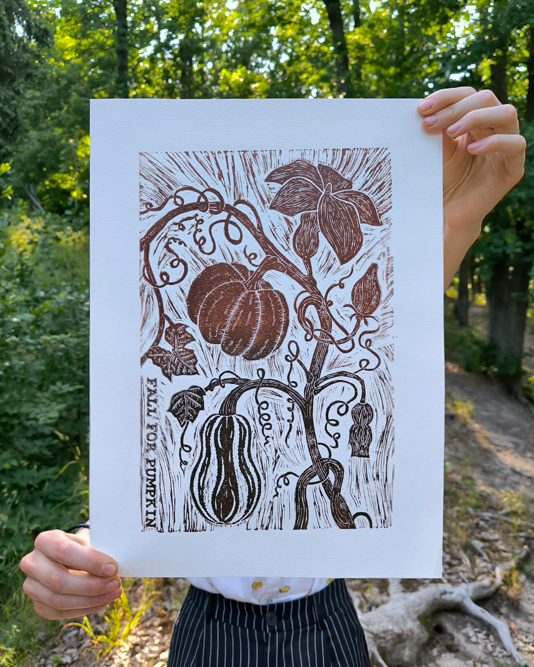 botanical illustration of a pumpkin plant and vegatable, linoprinting and linocut illustration