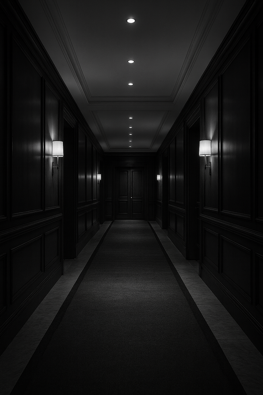 Dark hotel hallway with wood-paneled walls, wall-mounted sconces, and a carpeted floor, leading to a closed door at the end.