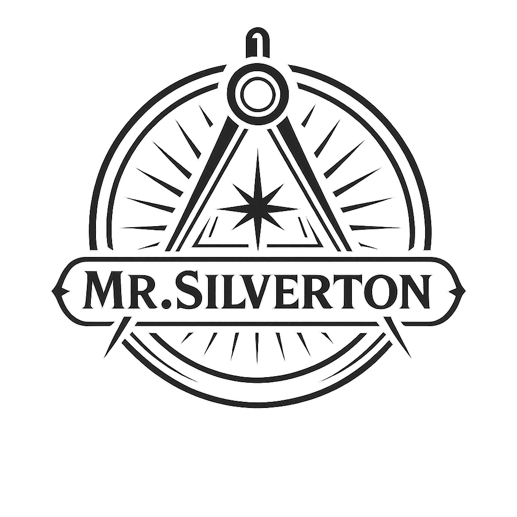 A black and white digital logo featuring a compass with the name 'Mr. Silverton' in the center.