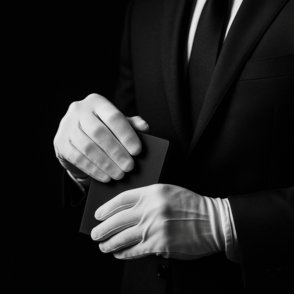 Close-up of a person in a tuxedo wearing white gloves, holding a card or small book.