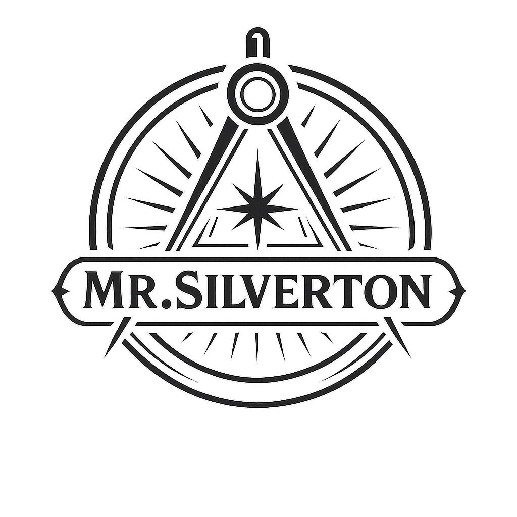 A digital line art logo with a compass and star design, featuring the text "MR. SILVERTON" in the center.