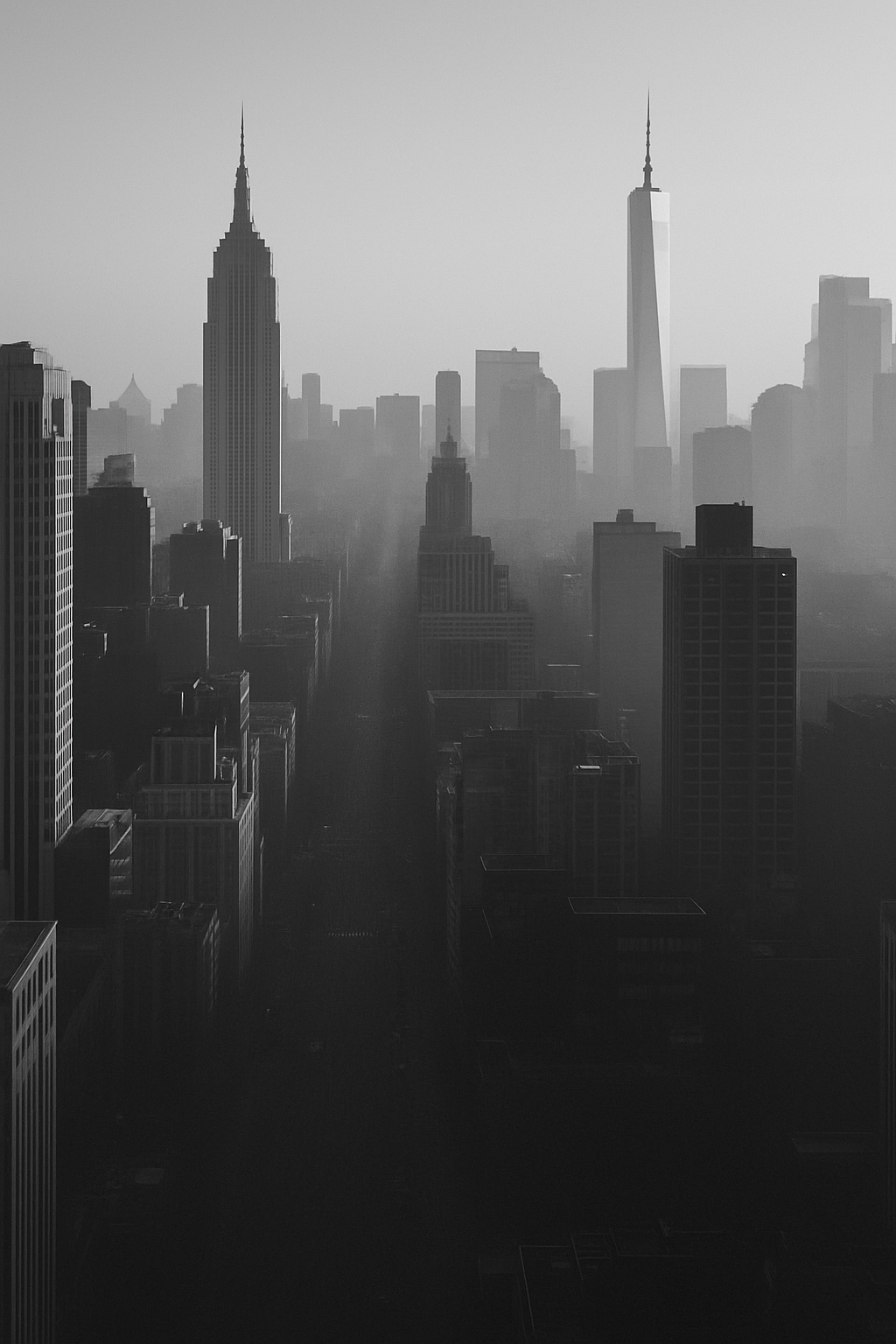 Black and white photo of the New York City skyline featuring Empire State Building and One World Trade Center.