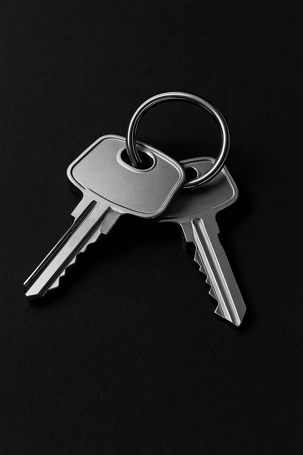 Two silver keys on a keyring against a black background.